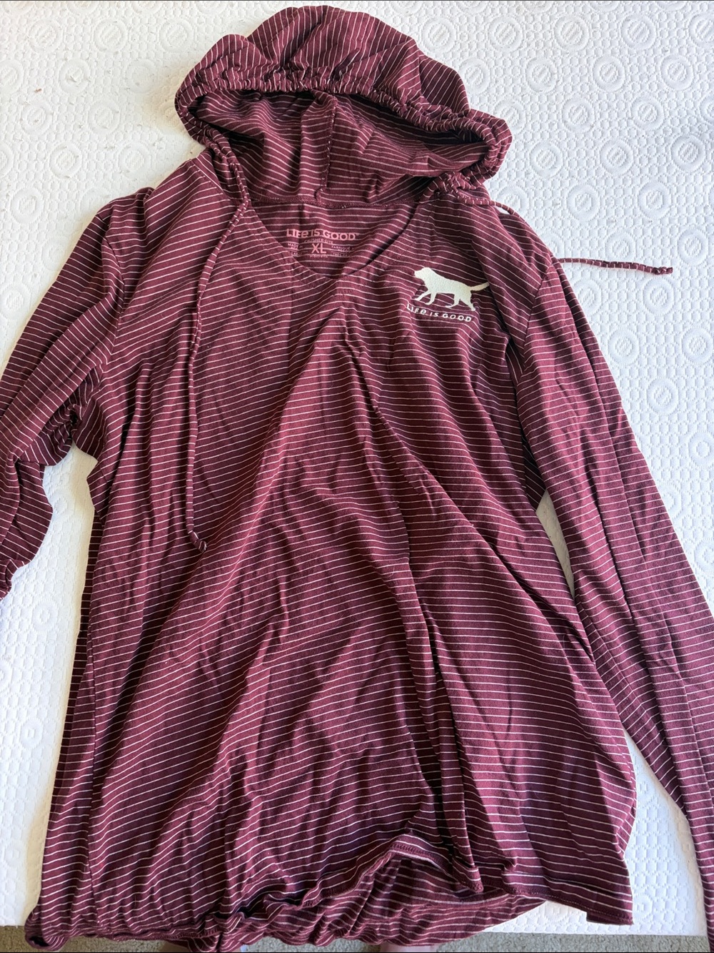 Life Is Good Burgundy and White Striped Hooded Long Sleeve Top